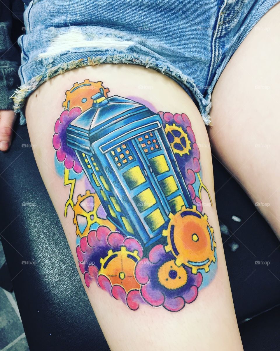 Colourful Steampunk TARDIS tattoo