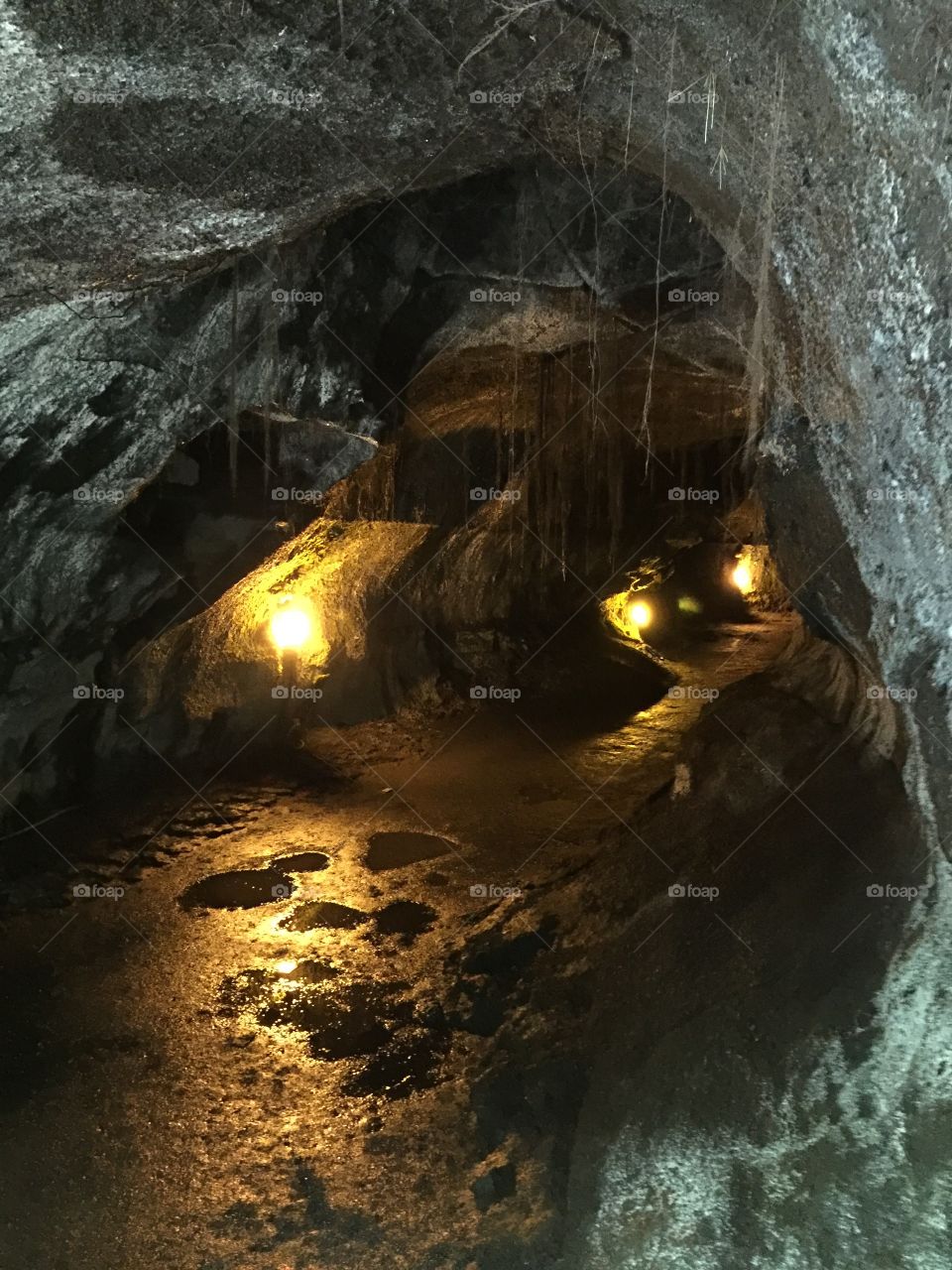 Inside of the cavelike lava tube located in the Hawaii Volcanoes National Park. 