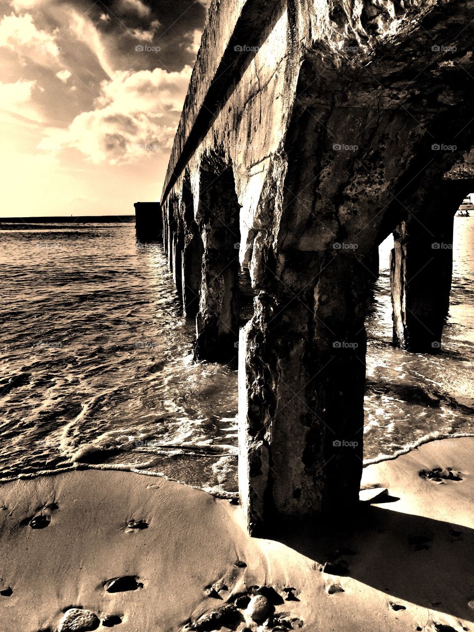 Sunset In Grand Case St. Maarten, Sunset In Monochrome, Pier With Sunset, Waves Washing Up On Shore 