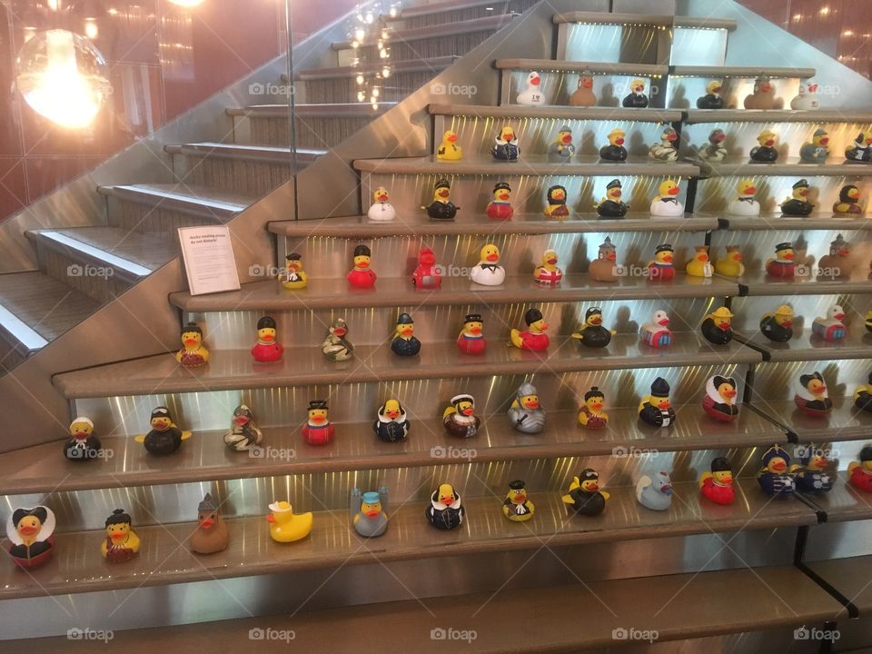 Display of assorted funky rubber ducks at the Runnymede Hotel, Ethan, Surrey, in Spring.