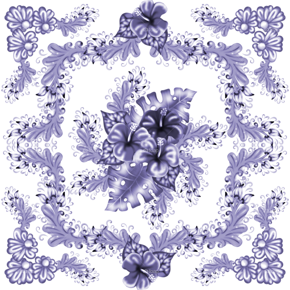 stylized tropic flowers art blue