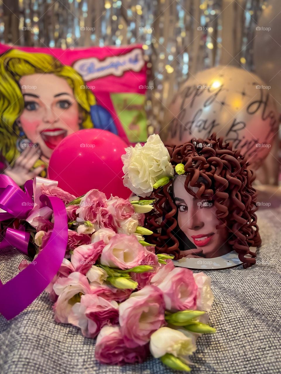 Curly hair girl cake and pink flowers feeling of freshness and vitality