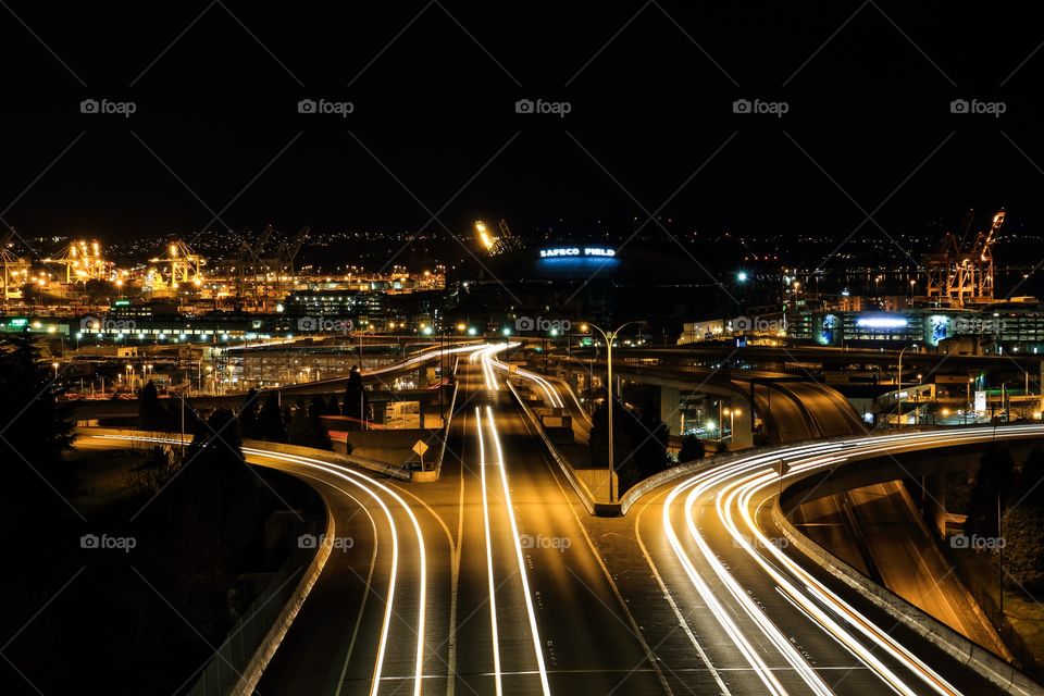 Road to the port at night in Seattle Washington USA 