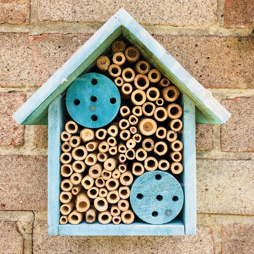 Bee and insect house made of wood and painted blue on a brick wall 