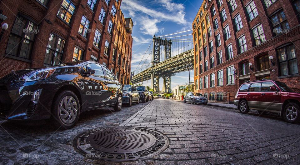 Iconic view of Manhattan Bridge from Dumbo, Brooklyn, NY