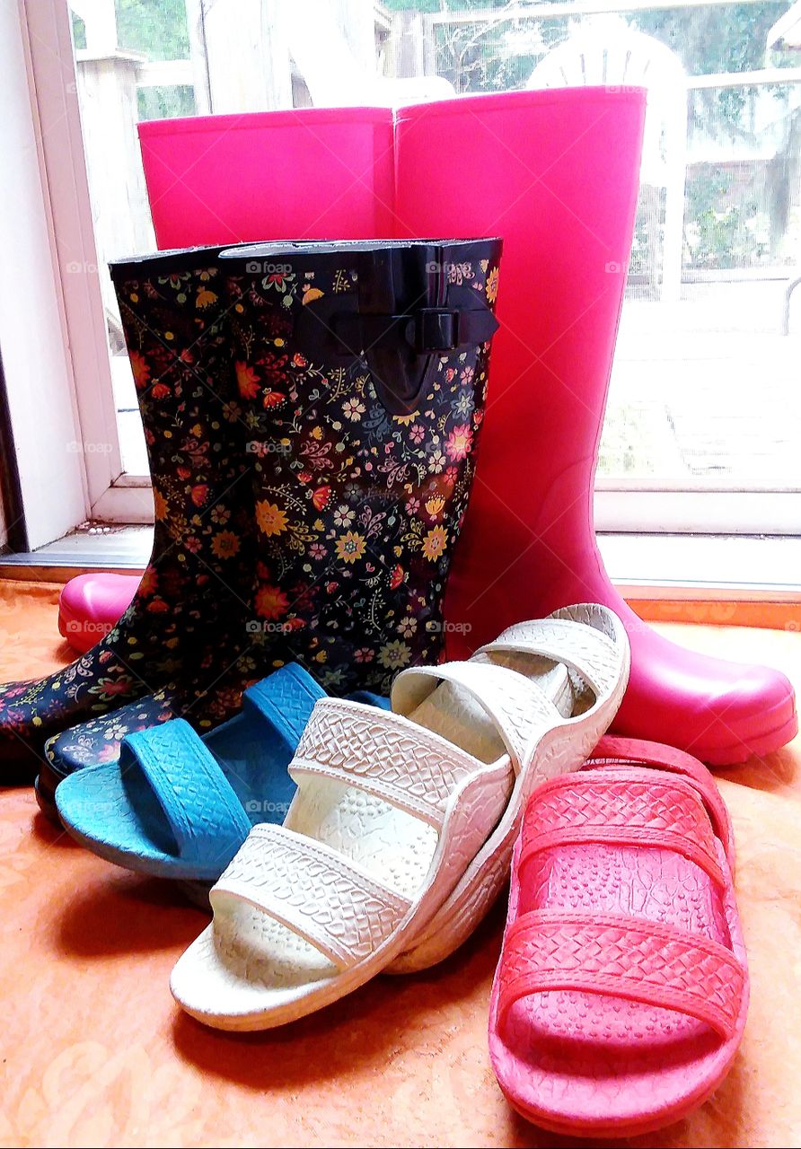 rubber boots and sandals for wading in the creek or playing in the rain