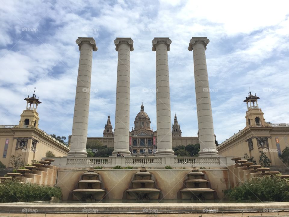 The pilars of "Fira de Barcelona" on a clear warm day
