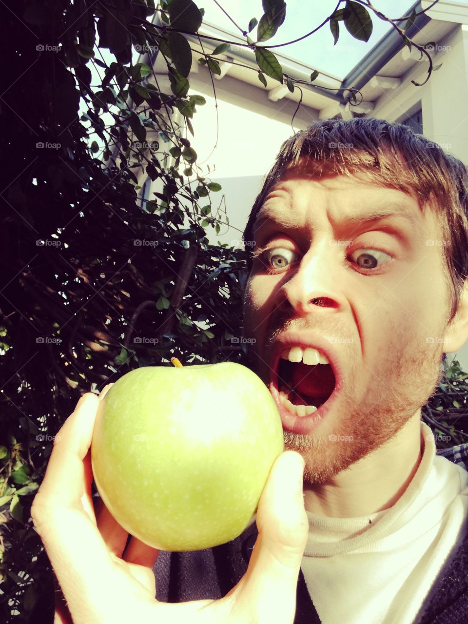 funny guy ate green apple