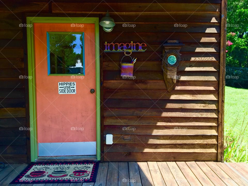 Hippies sign on cabin door