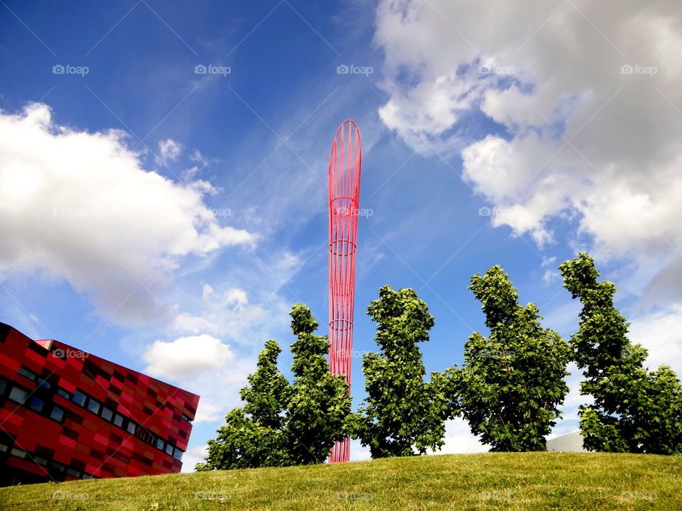 modern architecture. Jubilee Campus , University of Nottingham with The tall red torch -landmark of Campus