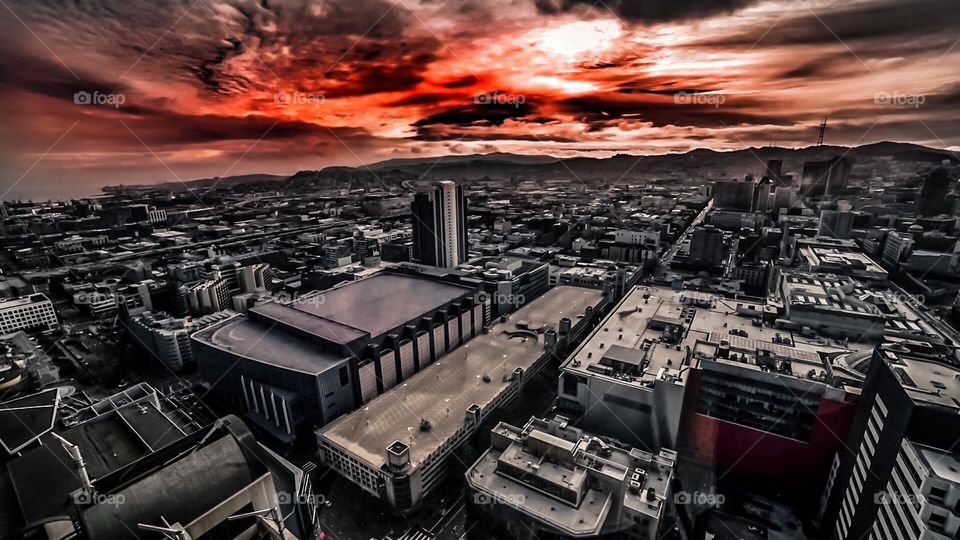 “San Francisco turns to Gotham” the dark city of San Francisco from the angle of a crane we climbed up as the sun set over the Mountains.