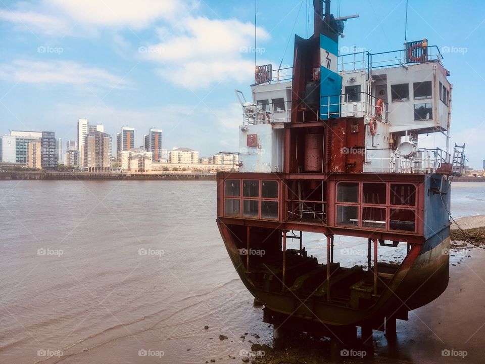 Art installation ‘A Slice Of Reality’, a rusting part of the Arco Trent sand dredger, at Greenwich Peninsula 