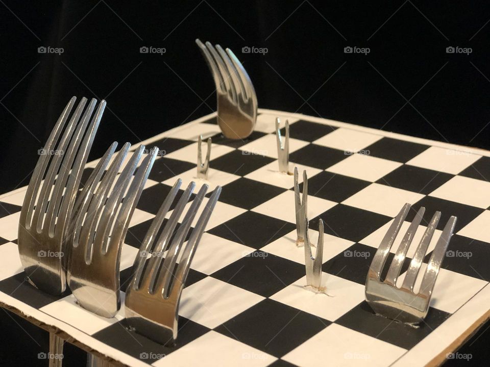 Fork Chess game board diagonal view King Queen Bishop Tower Pawns