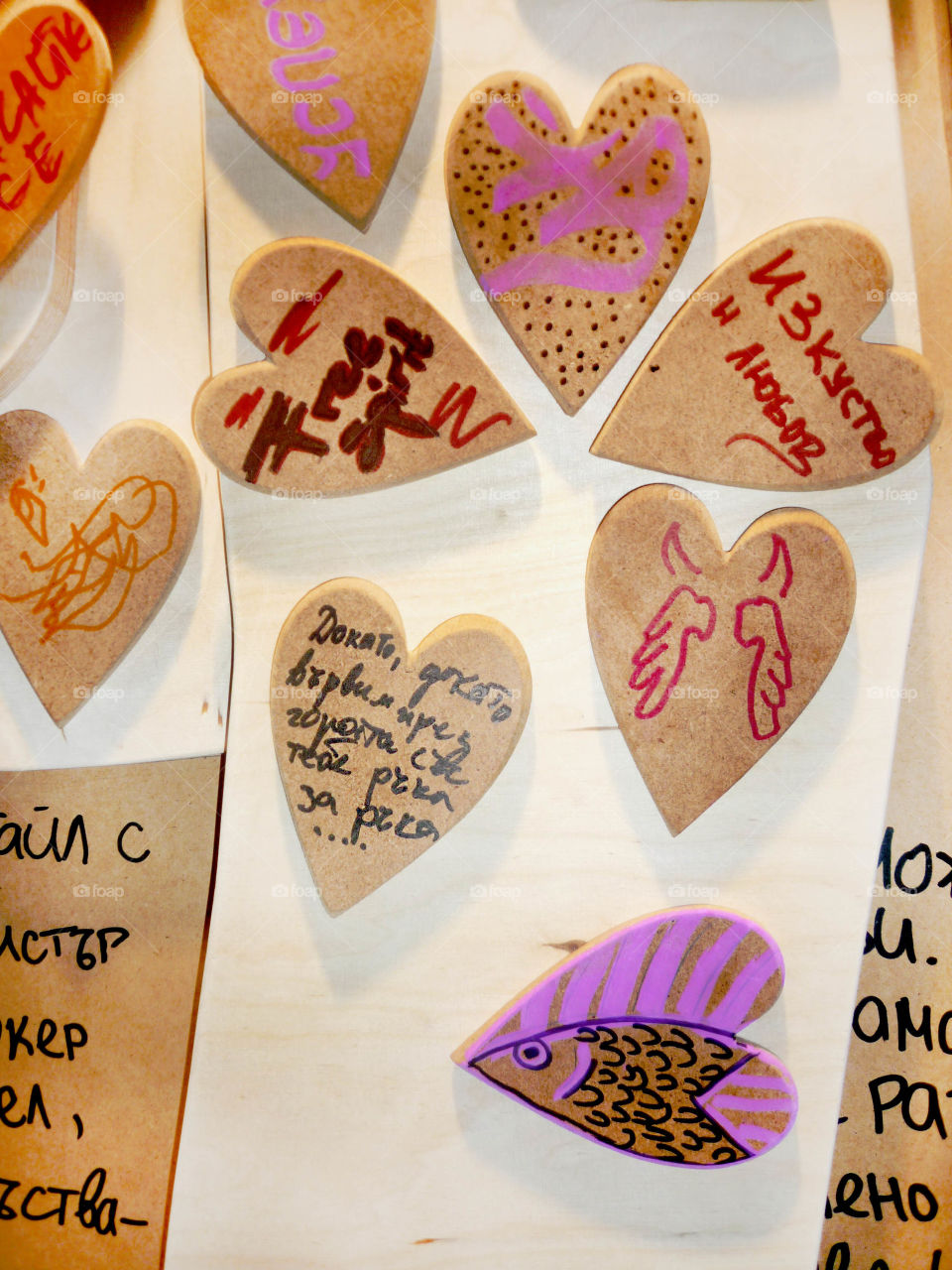 Wooden art hearts, hand made, text