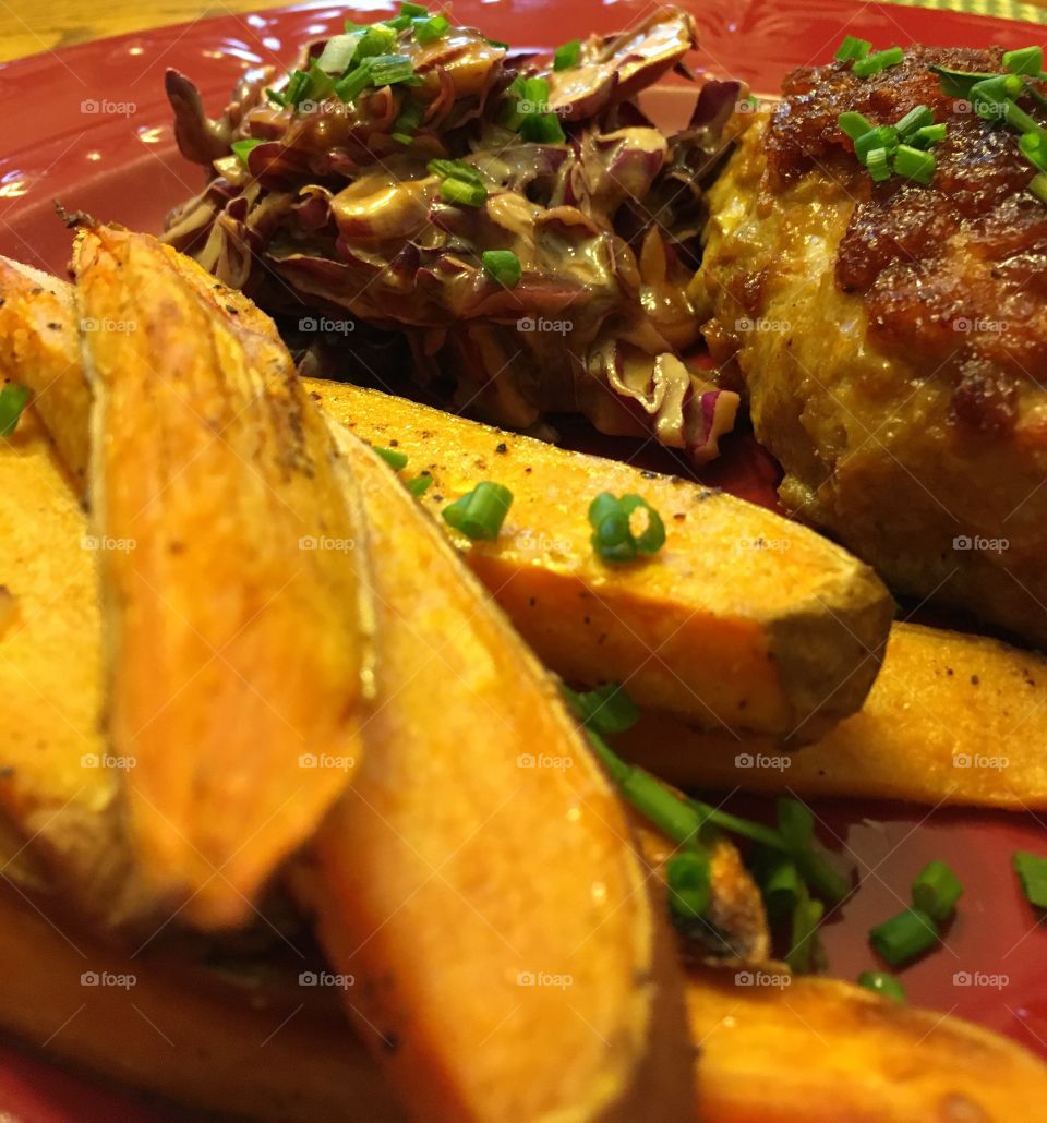Sweet potatoes, cabbage slaw and barbecue pork meatloaf