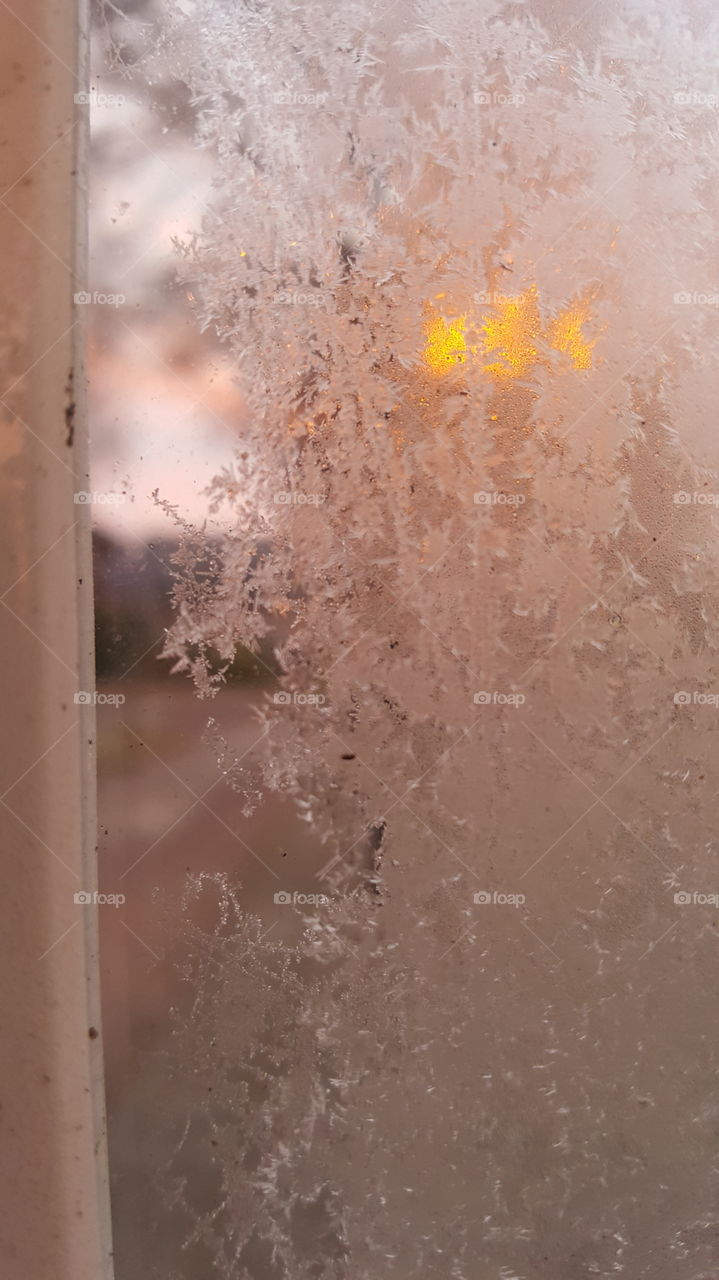 ice on a window of a busstop