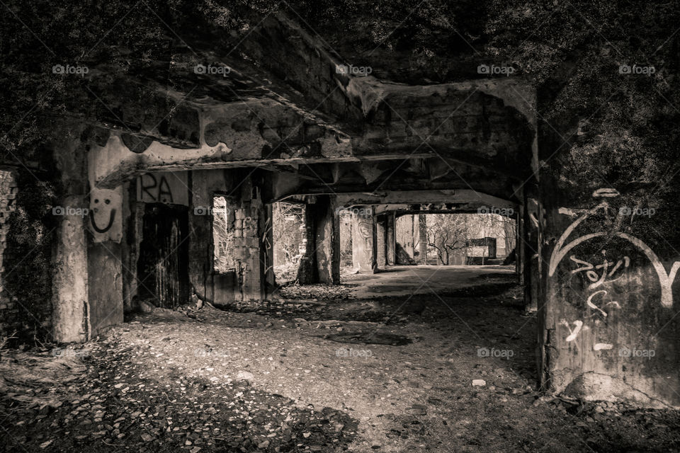 Old WWII ruined concret german factory . Synthetic gasoline factory in Police in Poland 