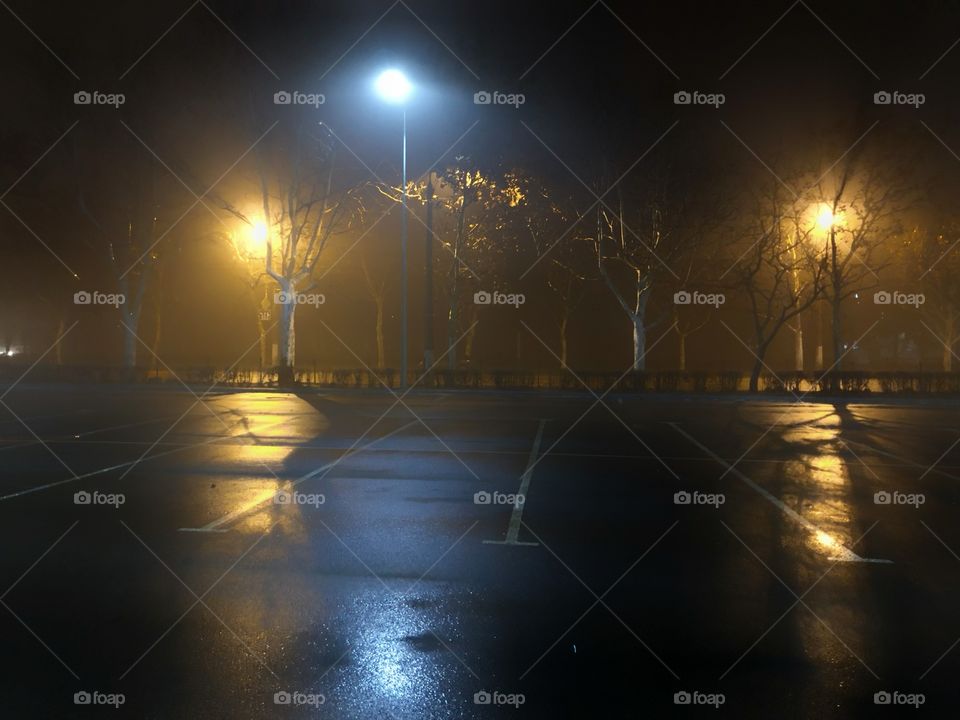 Lights reflection on foggy night 