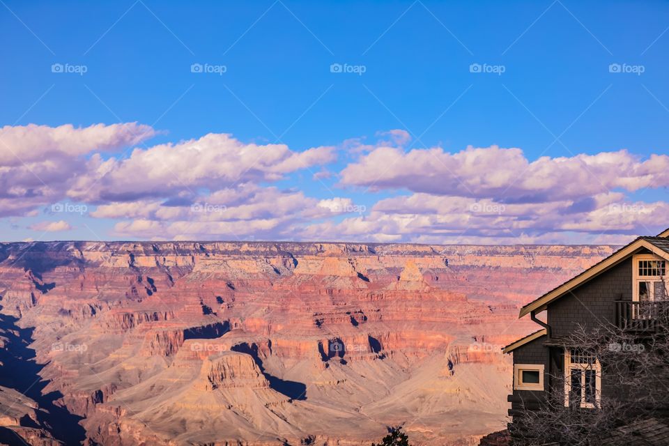 Wooden gift shop overlooking the Grand Canyon in Arizona, USA. 