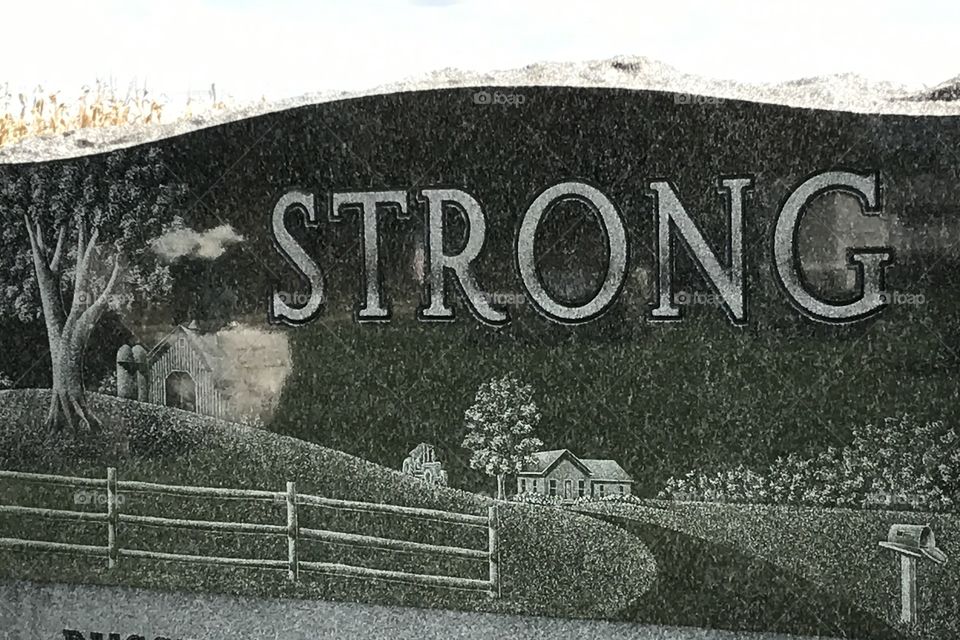 STRONG last name on a headstone with a country home and farm scene
