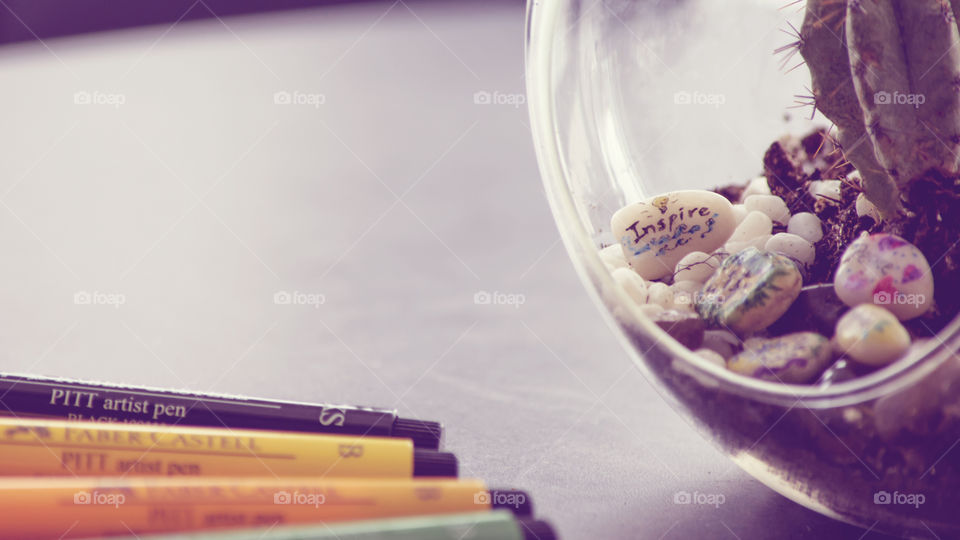 Inspire : Creative conceptual art on tiny stones in glass cactus garden on table with PITT Artist pens by Faber-Castell, abstract tranquility and leading a creative life in Little everyday things photography 