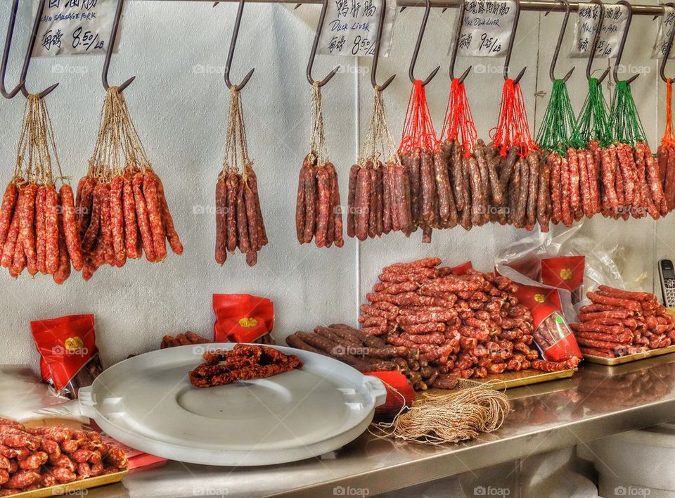Sausages In A Traditional Chinese Butcher Shop. Cured Meat In A Traditional Chinese Butcher Shop
