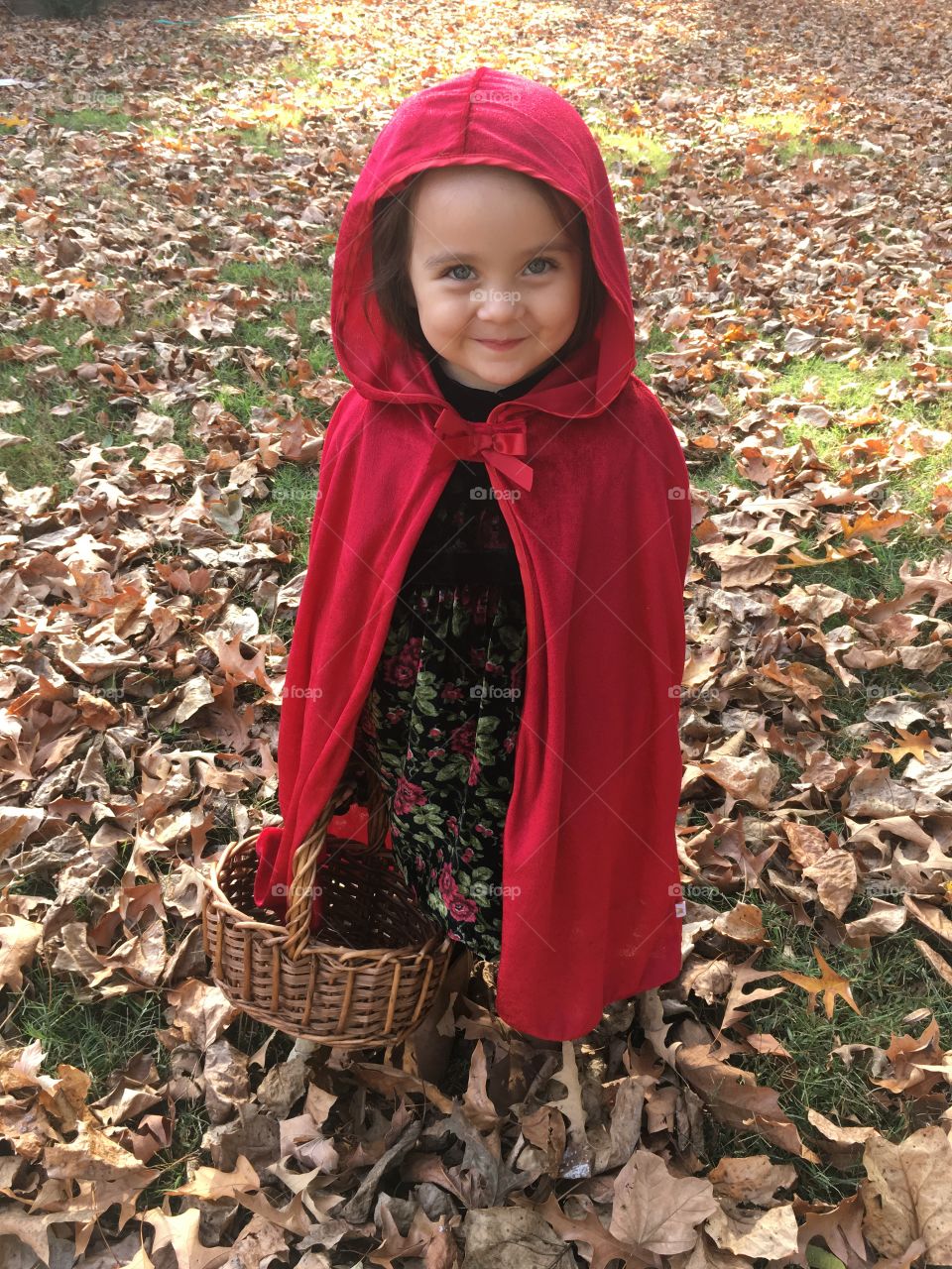 A young girl dressed like Little Red Riding Hood, holding a basket, amid autumn leaves