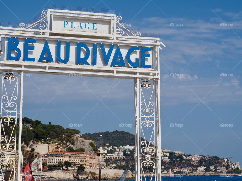 View from Beau Rivage Beach entrance on the Promenade des Anglais in Nice, France.