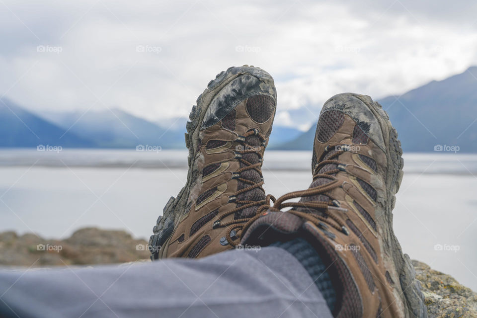 Shot relaxing after a hike