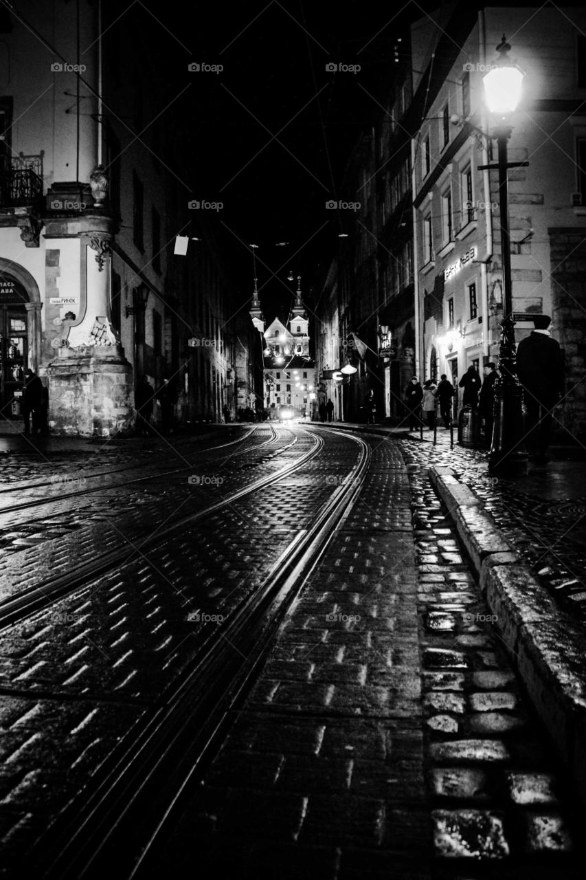 Street in Lviv. Night. Black and white.