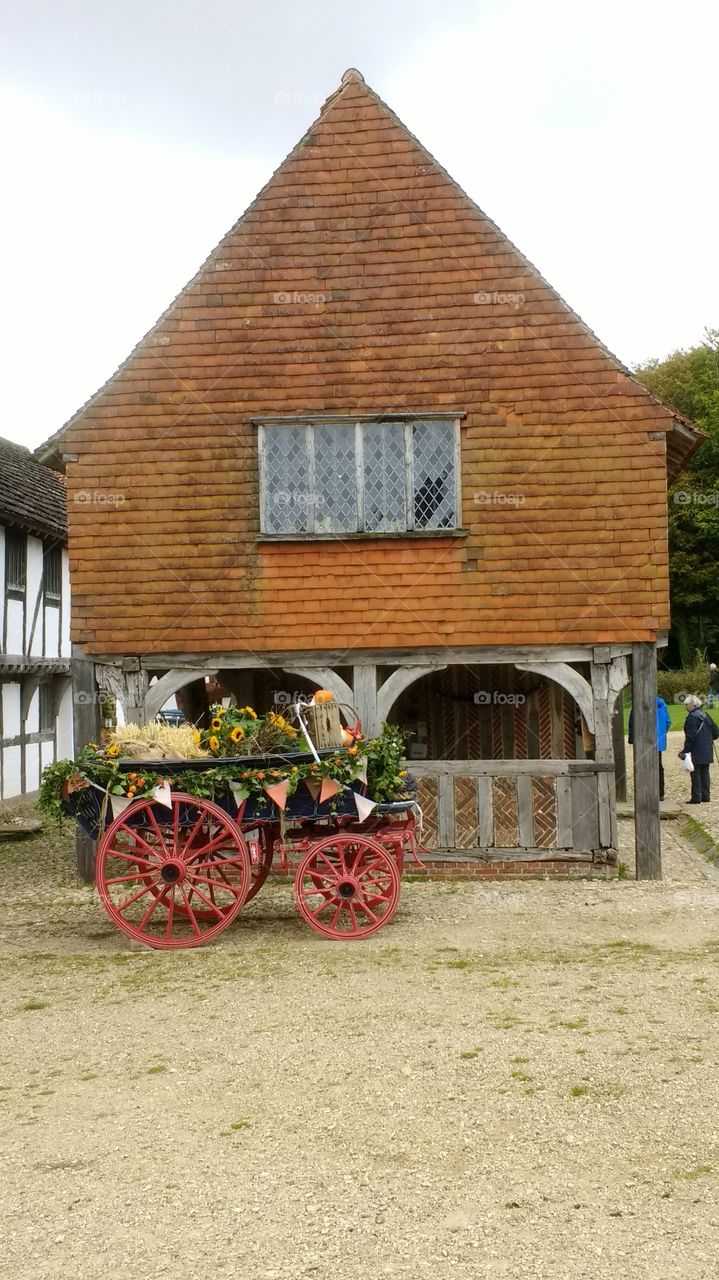 cart, carriage, building, history, architecture, old, flowers, colour, sunflowers, wood, arches
