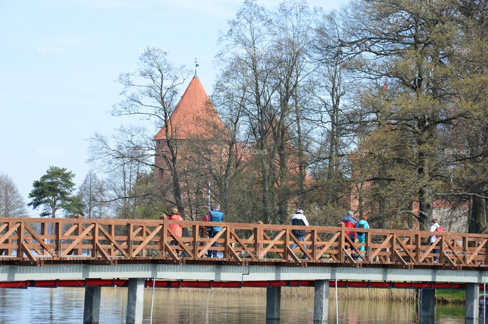 bridge, castle, tourists