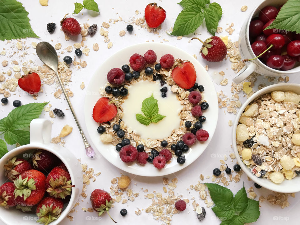 Overheard view of a healthy breakfast with fresh berries 