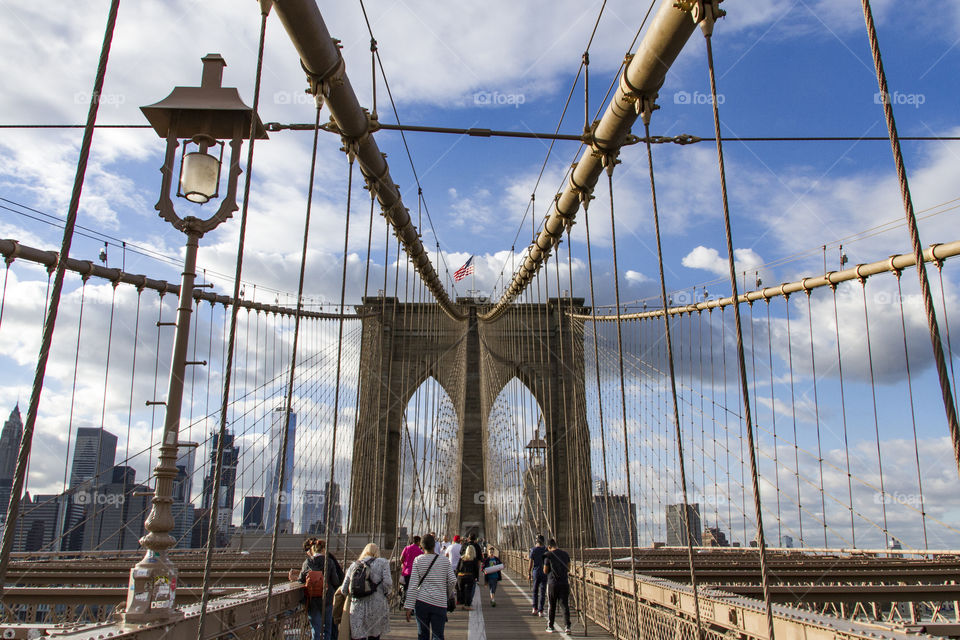 On Brooklyn Bridge looking at Manhattan. 