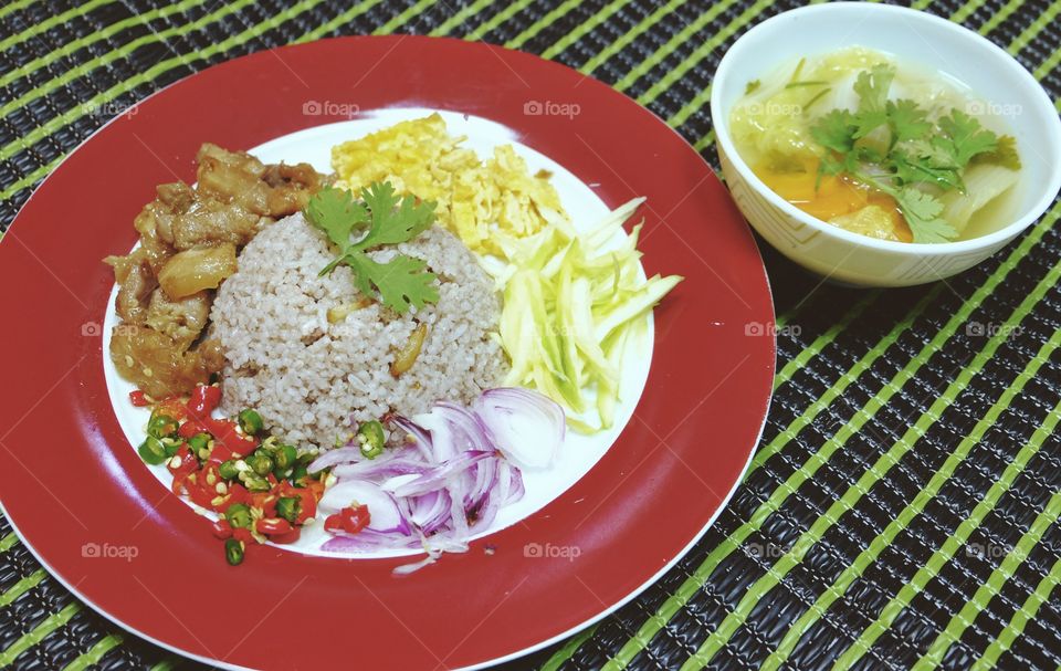 Shrimp paste fried rice and vegetable soup