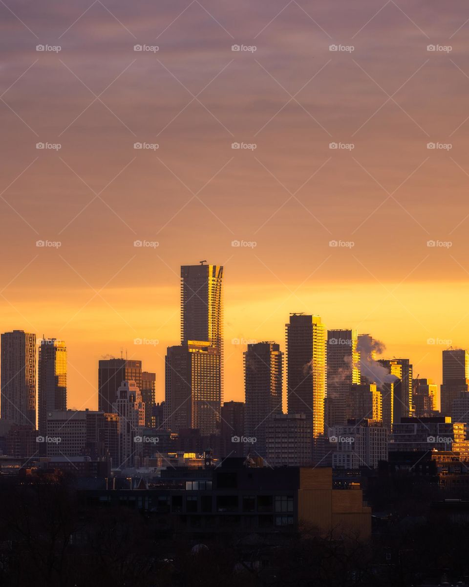 Golden light hitting the side of skyscrapers in a city skyline at sunrise 