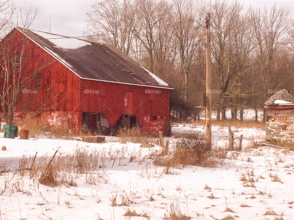 Warm fade red old barn.