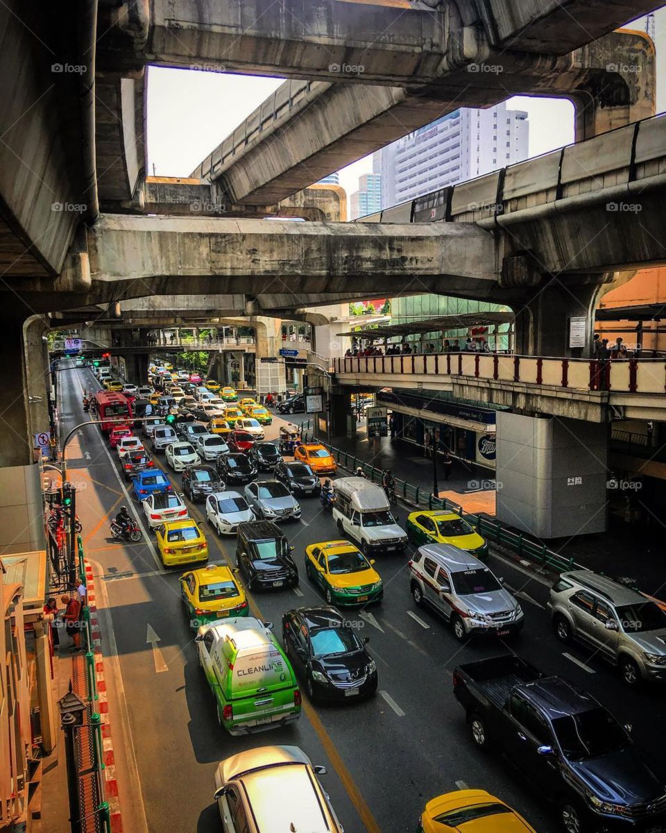 Another day in Bangkok and another traffic jam. This photo was taken around evening rush hour at Siam Square, which might be considered the center of the city.