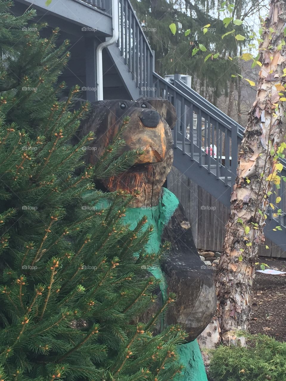 Hand carved bear peeking around tree