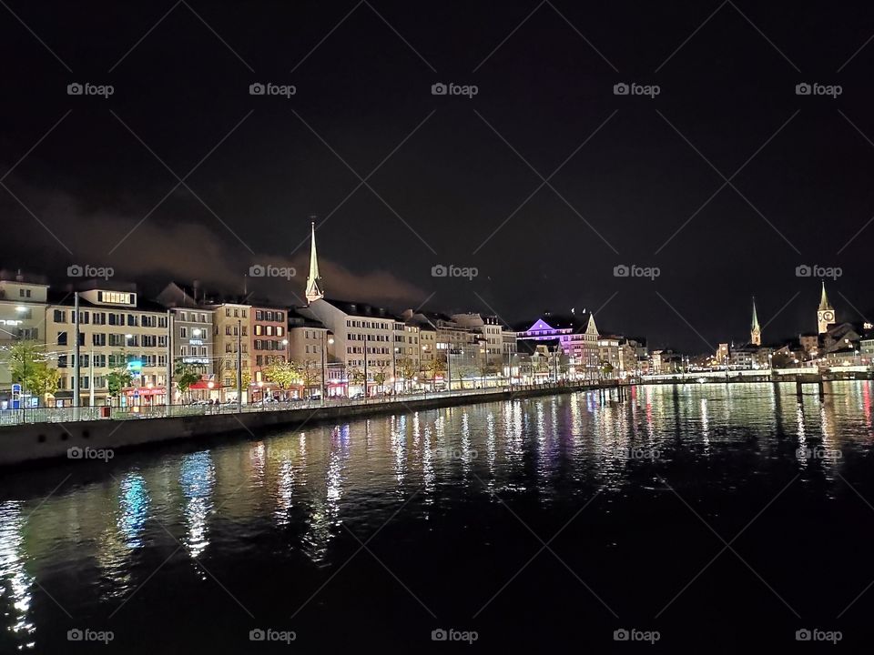 Zurich Switzerland cityscape by night