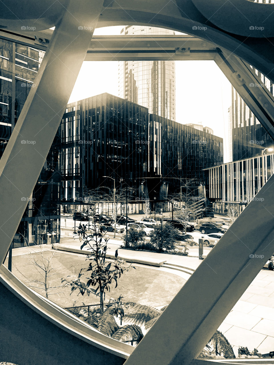 View of a city building from a window 