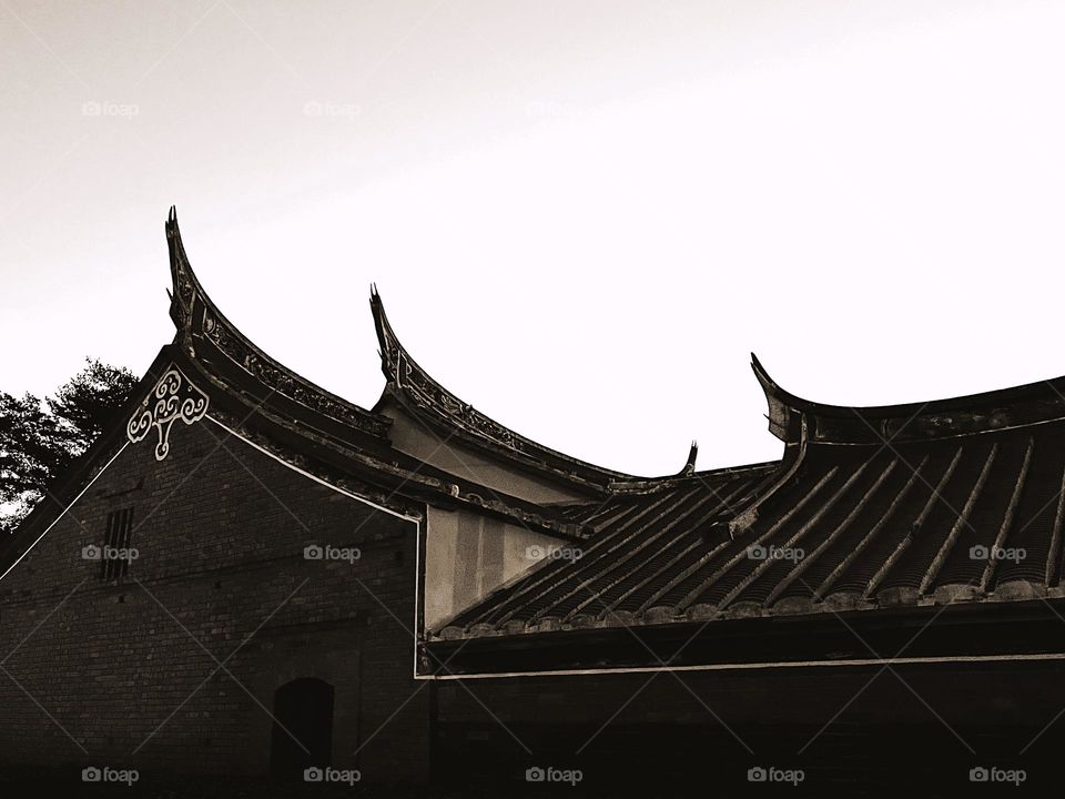 Traditional Asian architecture in black and white 