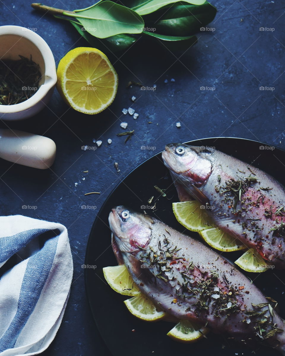 View of fish plate on table