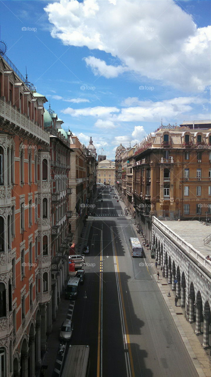 Genoa, Italy:  A panoramic view of Via XX settembre, looking toward Piazza De Ferrari.