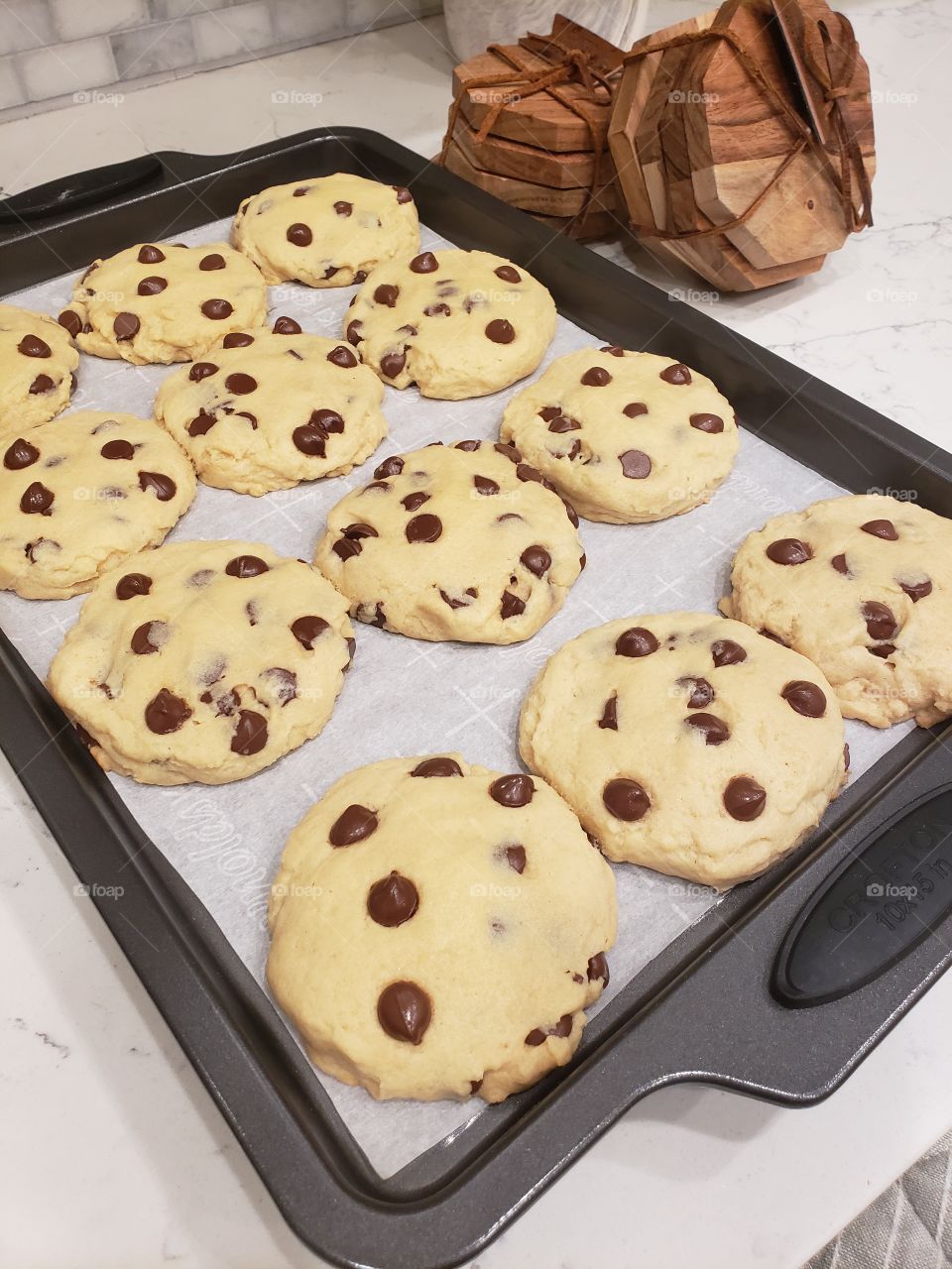 Pan of freshly baked chocolate chip cookies