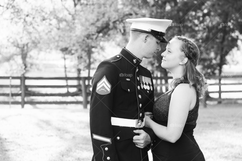 Military couple black and white portrait