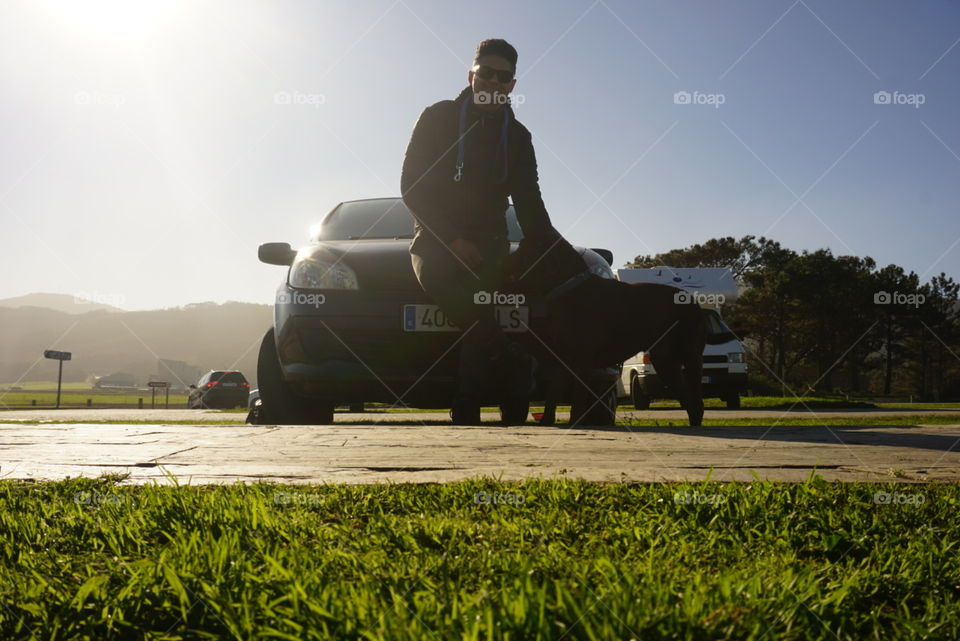 Human#dog#car#greengrass#sun