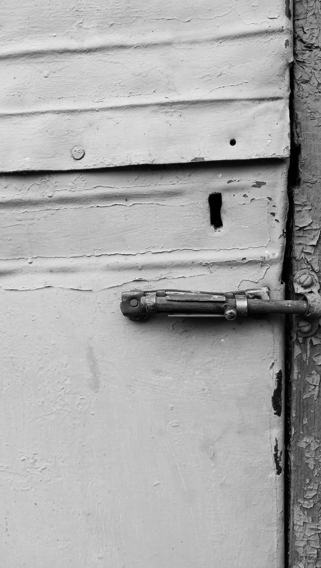 keyhole and bolt, bolt, closed old door, black and white photo, minimalism, vintage
