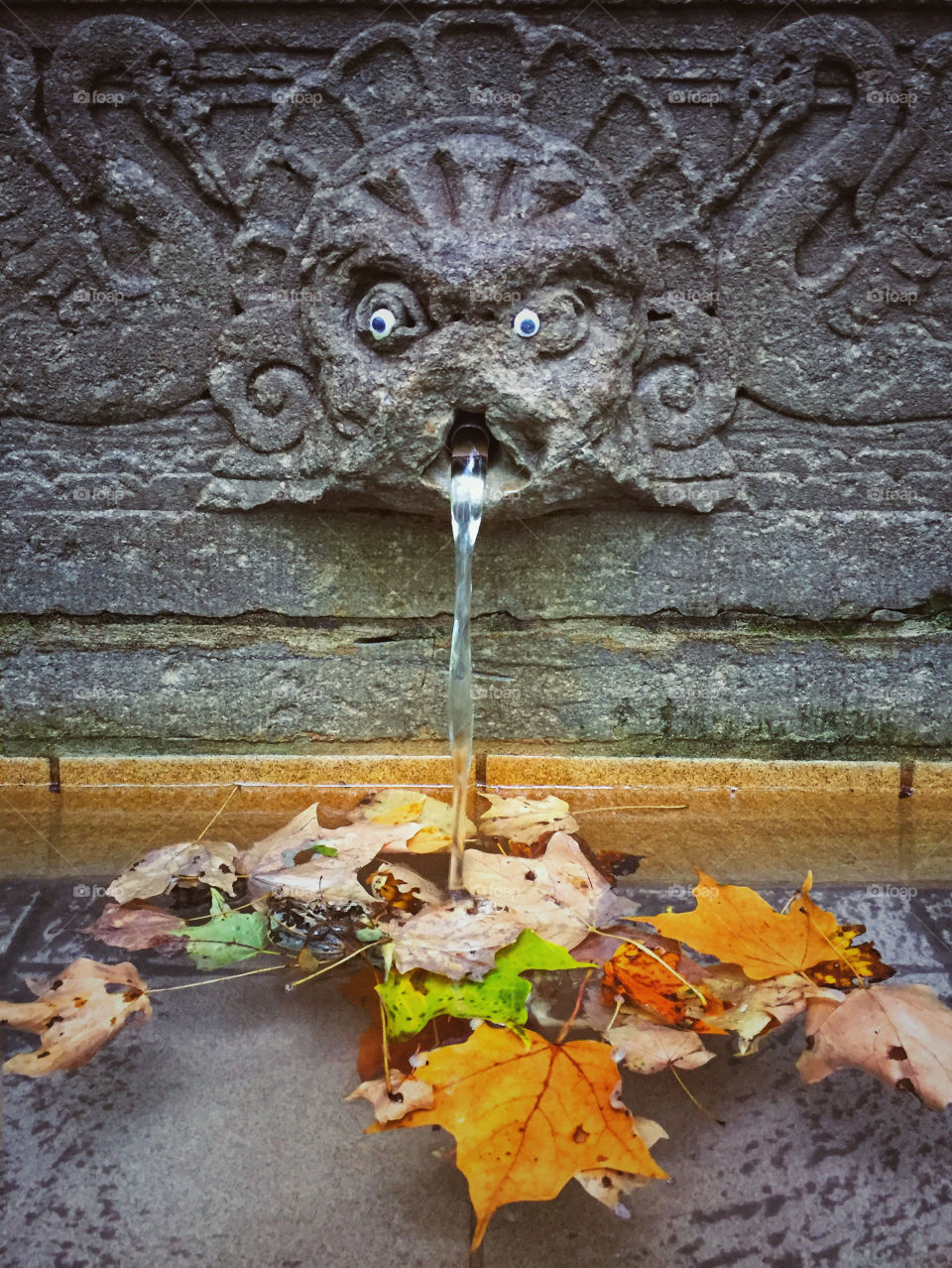 Fountain with autumn leaves accumulating in the water