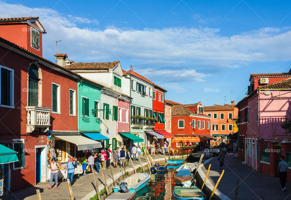 Burano, Venice.. The colourful houses by canal of Burano island, Venice, Italy